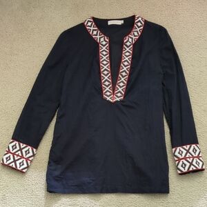 Tory Burch Black Long Sleeve Tunic Blouse With Embroidered Accents, Size 4